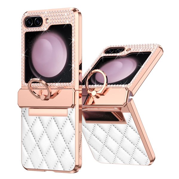 For Samsung Galaxy Z Flip5 5G Imprinted PU+PC Phone Case Rhinestone Decorated  Ring Kickstand Phone Cover Fashion