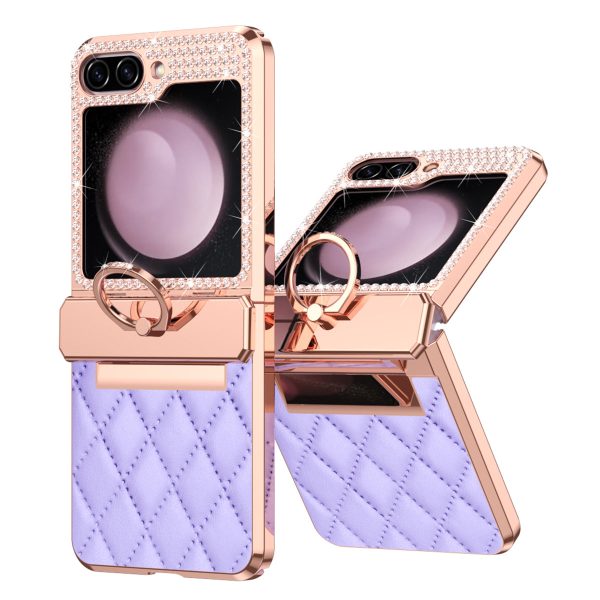 For Samsung Galaxy Z Flip5 5G Imprinted PU+PC Phone Case Rhinestone Decorated  Ring Kickstand Phone Cover Fashion