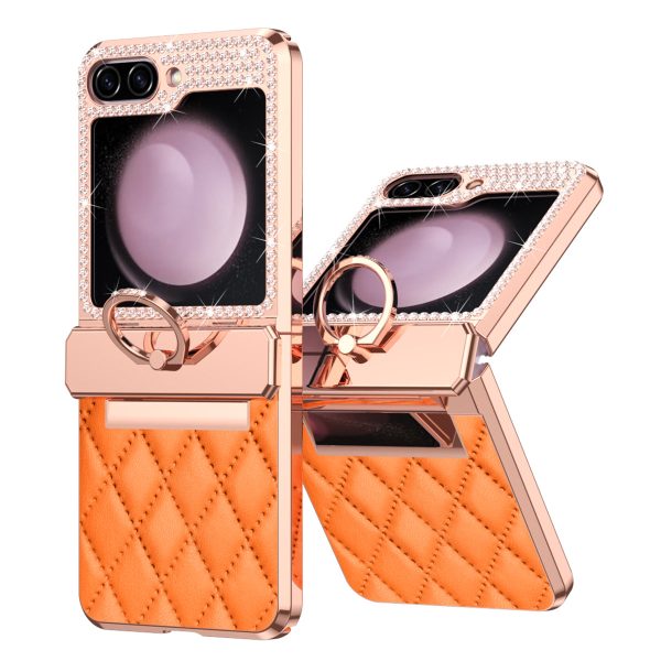 For Samsung Galaxy Z Flip5 5G Imprinted PU+PC Phone Case Rhinestone Decorated  Ring Kickstand Phone Cover Fashion