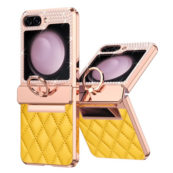 For Samsung Galaxy Z Flip5 5G Imprinted PU+PC Phone Case Rhinestone Decorated  Ring Kickstand Phone Cover Fashion