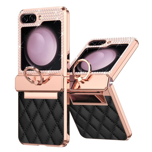 For Samsung Galaxy Z Flip5 5G Imprinted PU+PC Phone Case Rhinestone Decorated  Ring Kickstand Phone Cover Fashion